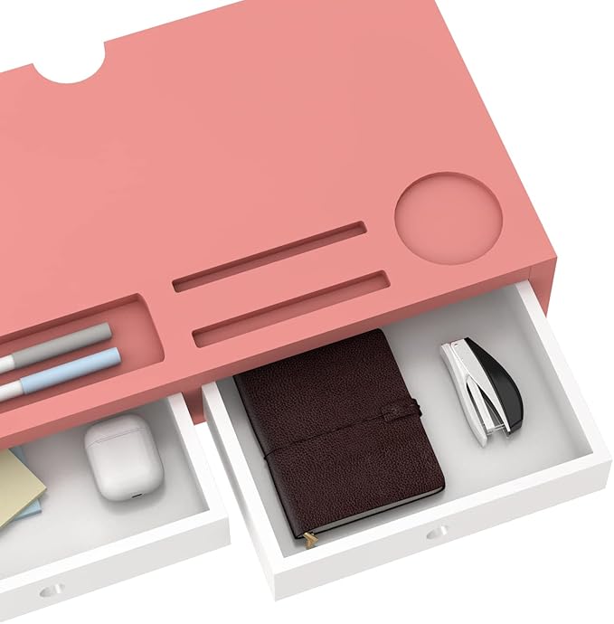 Monitor Stand Riser with Drawer - Pink & White Laptop Stand, Bamboo Desktop Shelf Organizer for Computer, TV, Printer, Office Supplies & Accessories with Phone Holder & Cups Slot, No Assembly Needed