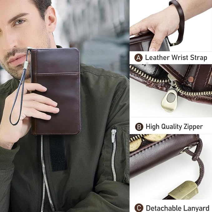 CONTACTS Travel Passport Wallet for 4 Leather Family Passport Holder Clutch Wallet Zipper Wrist Card Purse RFID Blocking with 13 Card Slot Fit up 4 Passports