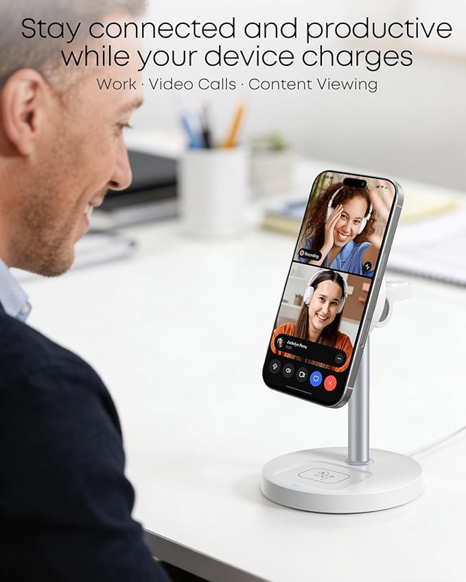 3 in 1 Magnetic Wireless Charging Station, 15W Fast Charger Stand for iPhone, Phone Charger Stand for Desk Nightstand, Compatible with iPhone 17/16/15/14, Apple Watch & AirPods, Adapter Not Included