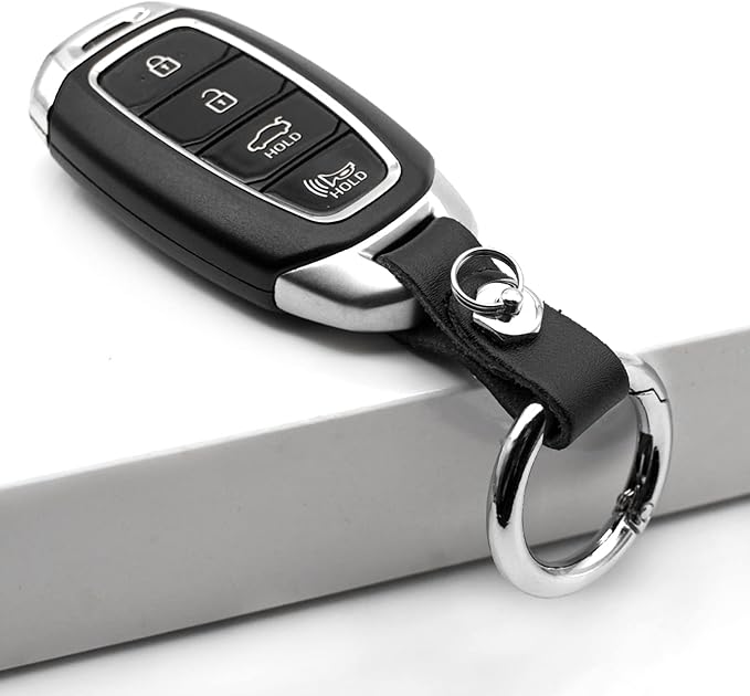 FEYOUN Key Chain Car Key Clip Quick Release Leather Car Keychain for Men and Women - Black Color, with Anti-Lost Ring, Short
