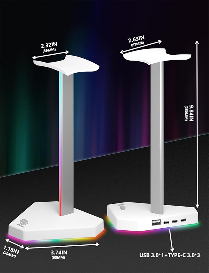 RGB Headphone Stand with 2 USB-C Charging Port and 1 USB Charging Port, Desk Gaming Headset Holder with 7 Light Modes and Non-Slip Rubber Base Suitable for All Earphone Accessories (White)