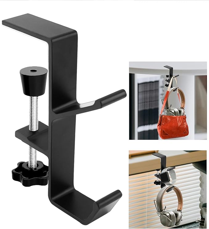 Desk Mount Headphone Hook Bag Holder Hook Clamp,Headphone Hanger and Backpack Hanger with Double Hooks,Universal Aluminum Alloy Gaming Headphone Stand Under Desk