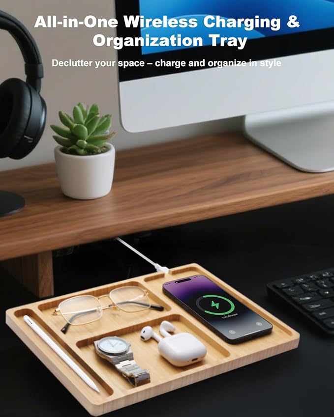 Valet Tray, Built-in Wireless Charger, Nightstand Organizer, Bamboo Desk Bedside Caddy Organizer Tray for Men, EDC Catchall Trays for Keys, Watch, Phone, Jewelry