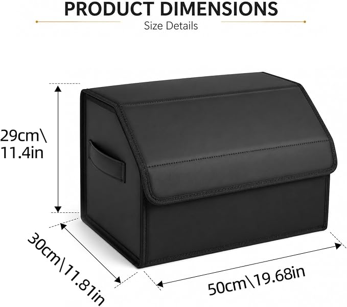 Car Trunk Organizer, Foldable Cargo Storage Box with Hook-and-Loop Lid, Suede & Faux Leather Trunk Organizer for SUV Sedan Truck, Adjustable Divider, Handles, Black, 19.7inches