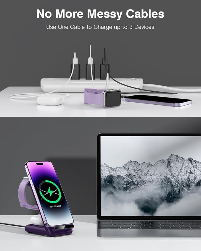 Wireless Charging Station,3 in 1 Charging Stand Made for Apple Watch Ultra 11 10 9 8 7 6 SE 5 4 3,Fast Wireless Charger Made for iPhone 17/Air/16/15/14/13/12,for AirPods Pro 3(with Adapter) (Purple)