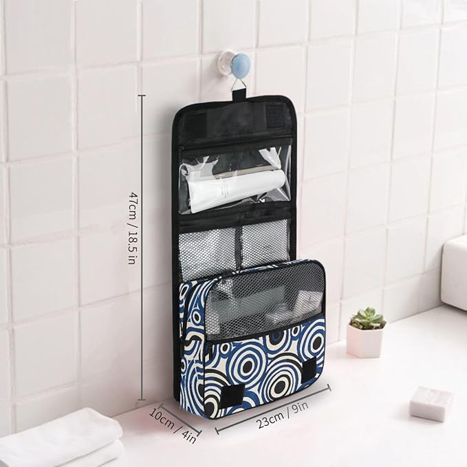 Hanging Travel Toiletry Bag White and Blue Circle Kit Makeup Case Cosmetics Organizer for Men Women