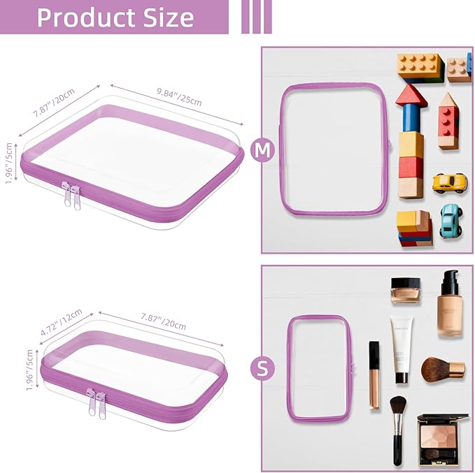 Clear Hard Shell Zipper Case,Clear Toy Storage Pouch,Waterproof Transparent Organizer Cosmtic Case for Travel, Office, Home (Purple, M+2*S)