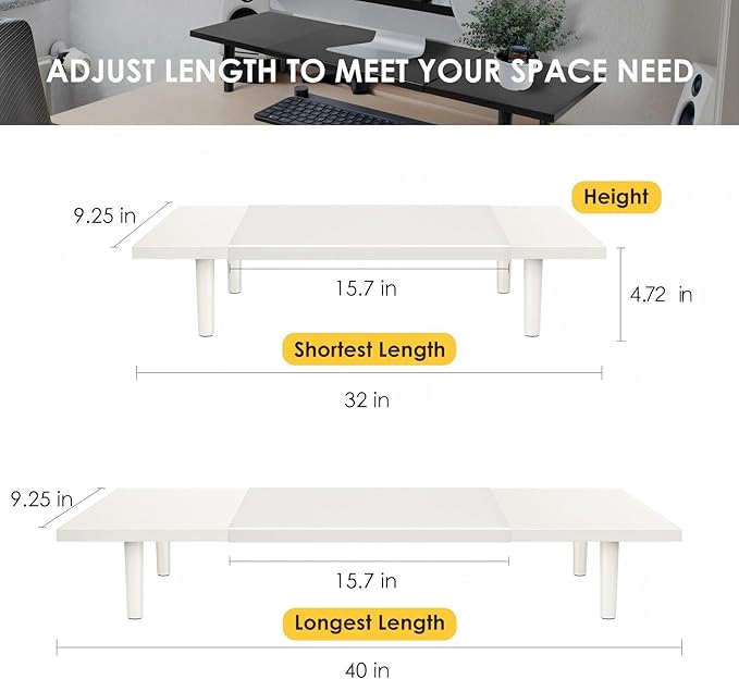 Dual-Monitor-Stand-Riser-For-Desk Adjustable Length 32-40 Inch，Large Desktop Computer Monitor Riser For 2 Screens，Desk Shelf Organizer Riser Stand For Computer/Laptop/PC/Printer/TV Black