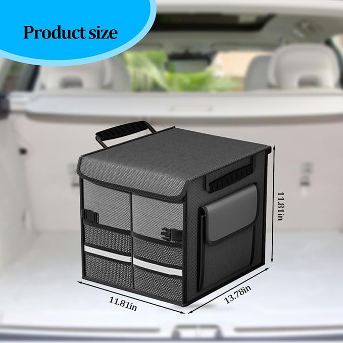HZEL Car Trunk Organizer with Lid, Foldable Slip Resistant Multi-Compartment Vehicle Cargo Storage Box, Collapsible Waterproof Automotive Trunk Organizer, Universal for SUV Van Truck (Gray)