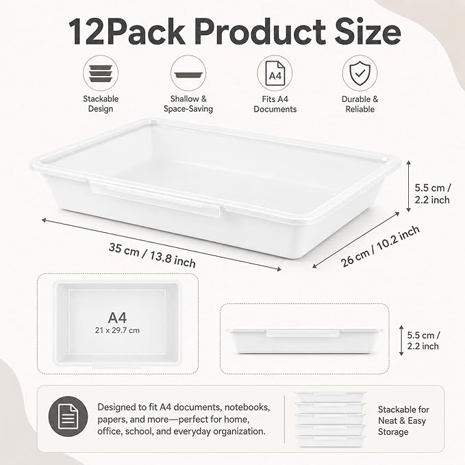 12 Pack Flat Storage Paper Tray with Clear Latching Lid Letter Size Organizer Bin Tray Plastic Latching File Organizer for Classroom Library School Office Teacher Desktop Book Organization (White)