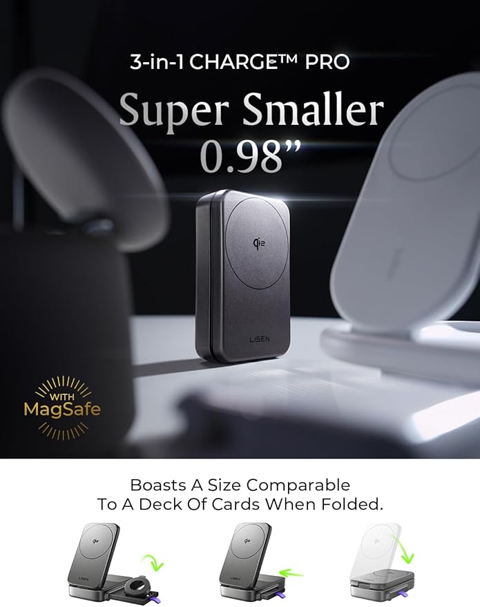 LISEN for iPhone 17 Pro Max 15W magsafe Fast Charger 3-in-1 Charging Station Qi2 Certified Foldable Magsafe Charger Stand for Apple Multiple Devices,Wireless Nightstand,AirPods,Apple Watch