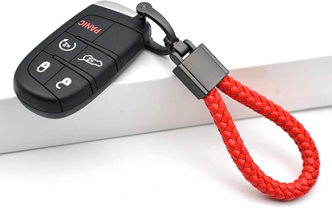 FEYOUN Universal Red Leather Car Fob Keychain Metal Keyring Woven Strap Braided Rope Key Chain for Men and Women - Matte Black Color, with 360 Degree Rotatable D-ring and Screwdriver