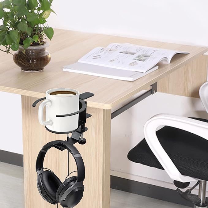 LBTING 2-in-1 Adjustable & 360 Rotating Office Gaming Accessories for Under Desk Headphone Stand, Hanging Headset, Holding Coffee Mug, Drinks, Water Bottle - Black