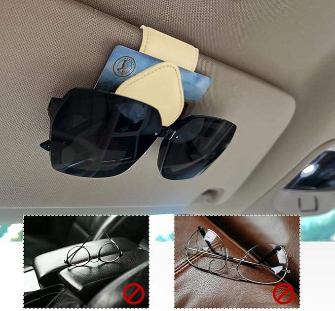 Magnetic Sunglass Holder for Car Visor, Sunglasses Visor Clip, Magnetic Leather Vehicle Glasses Ticket Card Clip, Automotive Eyeglass Hanger Organizer Accessories for Most Vehicles (Beige)
