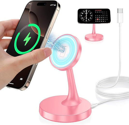 Magnetic Wireless Charger iPhone Stand, 15W Fast Mag-Safe Charger iPhone 17/17 Air/17 Pro/17 Pro Max 16/15/14/13/12 Series Magnet Wireless Charging Station/Pad/AirPods for Home, Office, Travel