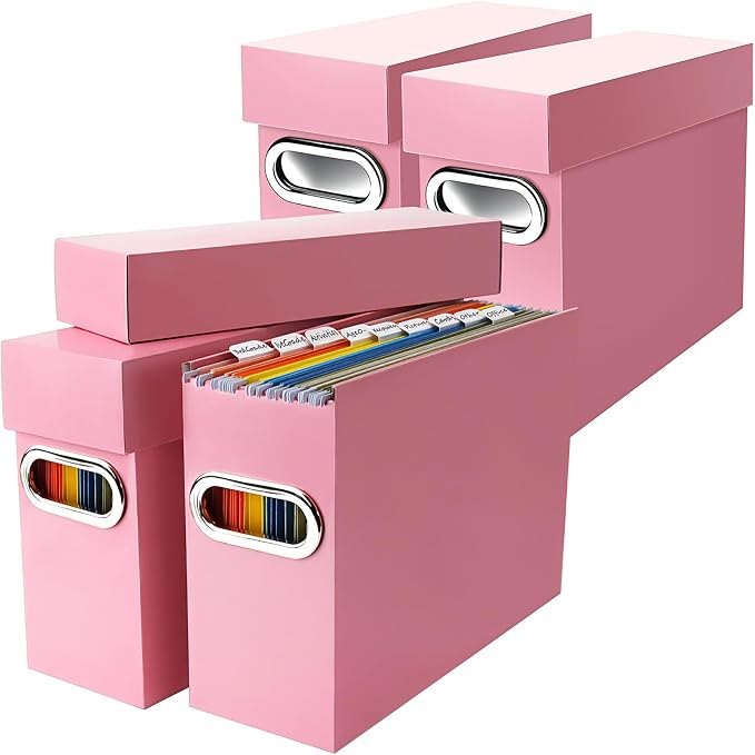 File Organizer Box with Lid & Handle, Heavy Duty Hanging File Folder Storage Boxes for Letter Size, Portable Filing Organizer for Office, Home, Classroom, Pink 4 Pack