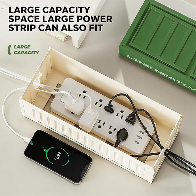 Cable Management Box with Shipping Container Design, Tall Cord Organizer for Desk and Floor, Large HIPS Wire Hider for Power Strip and Surge Protector, Green