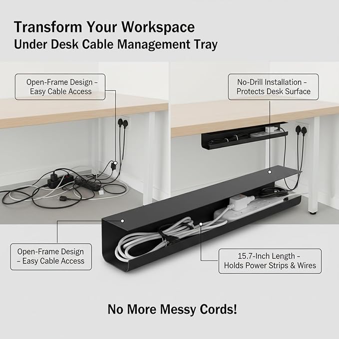 Under Desk Cable Management Tray, No-Drill Cord Organizer for Power Strips & Wires, 15.7 x 3.9 x 3.5 Inch, PVC (1 Pack)