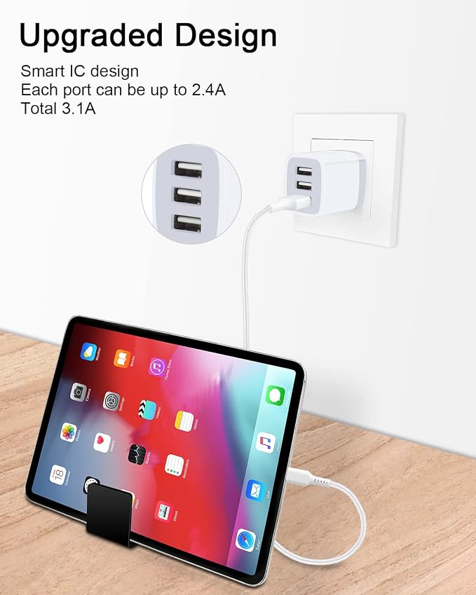 USB Charger Cube Wall Charger Plug AILKIN 3.1A 3 Muti Port USB Adapter Plug | USB Charging Station Box Base for iPhone 17 16 15 14 13 12 Pro Max Mini SE 11 Pro Max Samsung Phones Charging Block