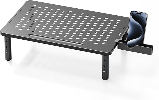 Computer Monitor Stand Riser for Desk, 3 Height Adjustable PC Laptop TV Desktop Monitor Stand Shelf, Metal Printer Table with Phone Holder, Stand Riser for Desk, Office Desk Organizers and Accessories, 1 Pack