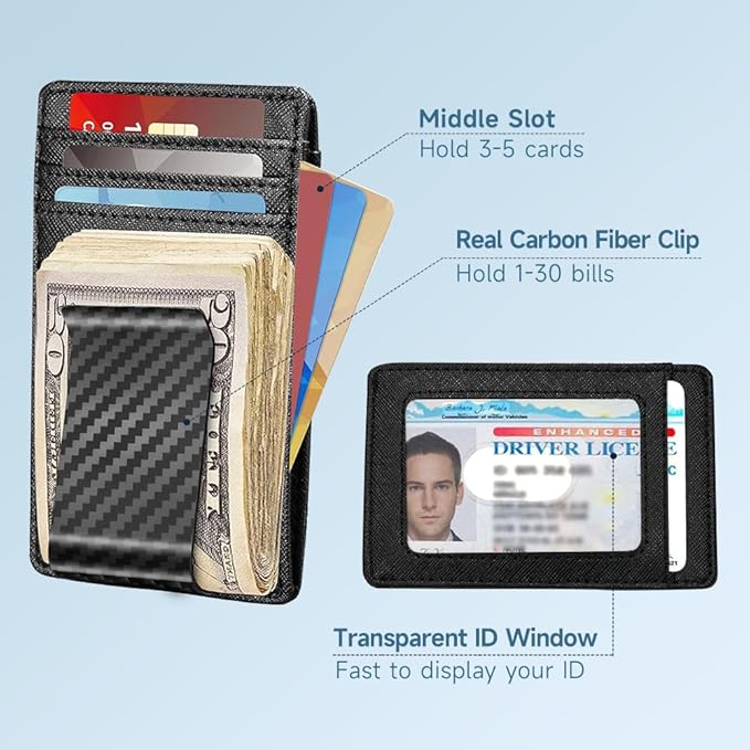 Travelambo Money Clip for Men Wallet Leather Slim Minimalist Card Holder RFID Blocking (Weaved Black) (Black Cros with Matte Clip)