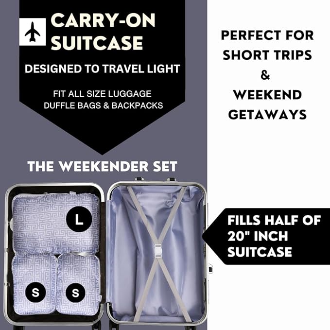 Compression Packing Cubes Organizer Bags for Suitcase & Backpack, Packing Cubes for Travel, Lightweight Luggage Organizers, Travel Cubes for Packing, Vacation Essentials - 3pc Set - Light Blue Boho