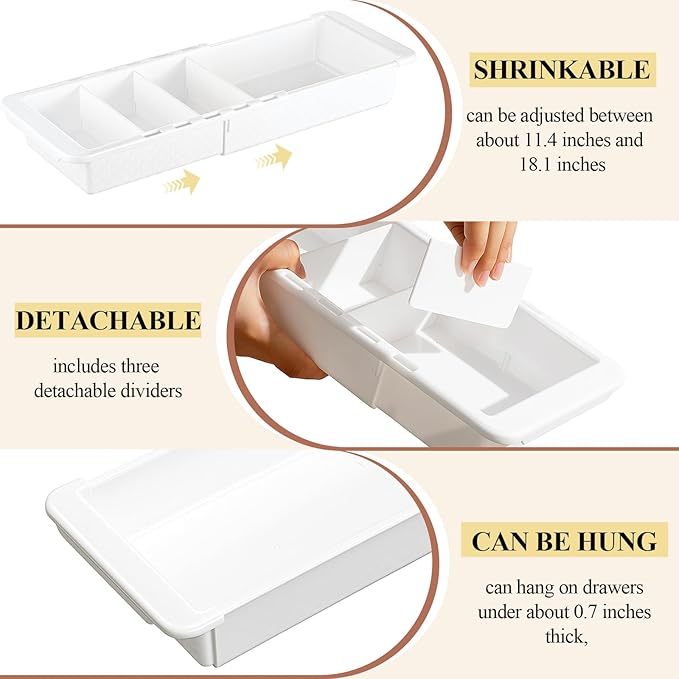 6 Pcs Expandable Drawer Organizer Bins Adjustable Deep Drawer Hanging Organizer Tray Expandable 11.4 to 18.1 Inches Plastic Dividers Storage for Office Bathroom Bedroom Kitchen Desk, White