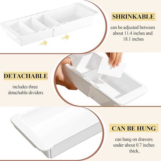 2 Pcs Expandable Drawer Organizer Bins Adjustable Deep Drawer Hanging Organizer Tray Expandable 11.4 to 18.1 Inches Plastic Dividers Storage for Office Bathroom Bedroom Kitchen Desk, White