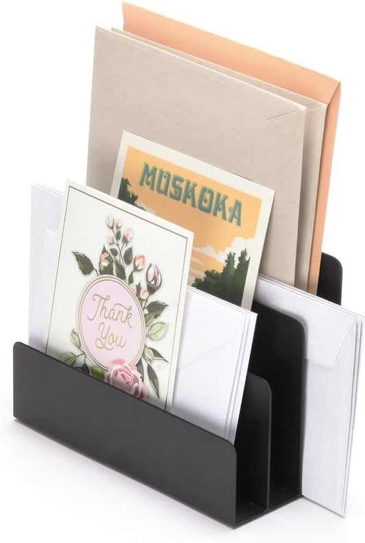 xympo Desktop Mail Organizer – 3-Slot Black Metal Letter Holder and Bill Sorter for Office and Home