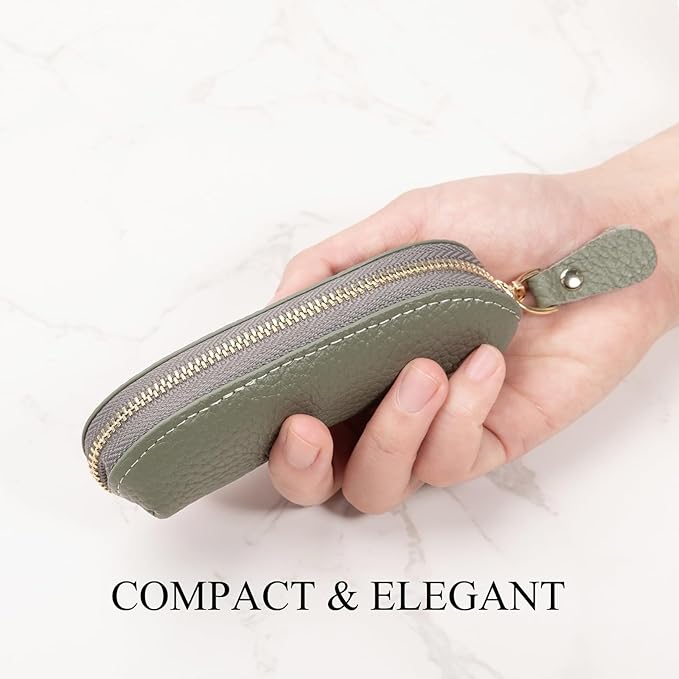 Full Grain Leather Coin Pouch - Travel Small Coin Purse with Zipper - Mini Key Pouch Change Purse for Women and Men (Sage Green)