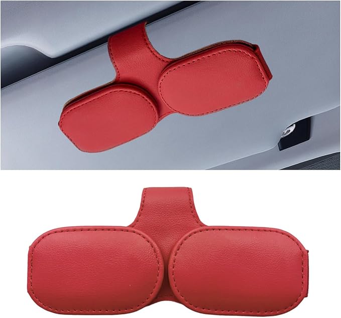 smilfuy Magnetic Leather Sunglasses Holder for Car Visor Clip, Car Sun Visor Ticket Card Clip Double Clip, Auto Glasses Eyeglass Hanger Clip, Eyeglasses Mount Interior Car Accessories (Red)