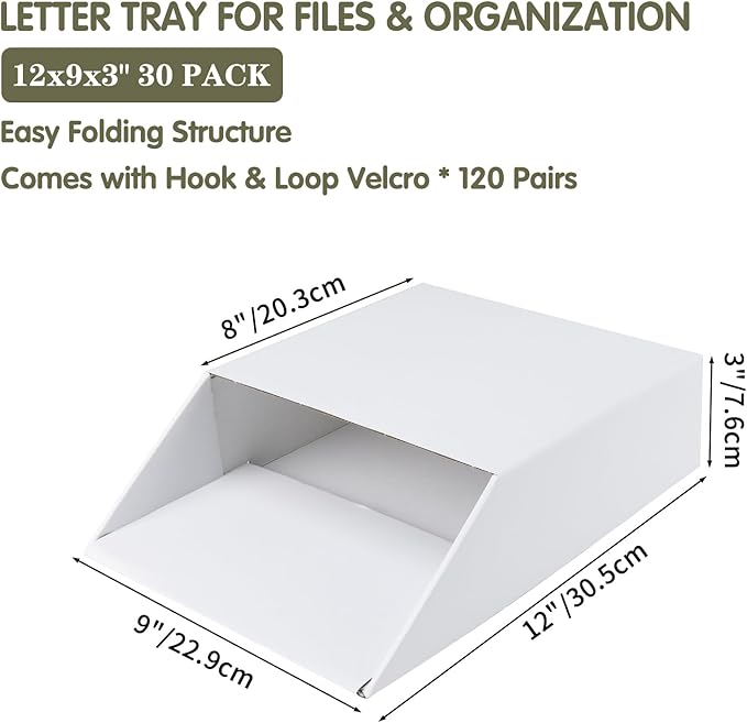 EXYGLO 30 Pack Stackable Cardboard Desk Organizer Trays, Desktop Letter Tray for Document File Mail Storage, White, 12x9x3 Inch
