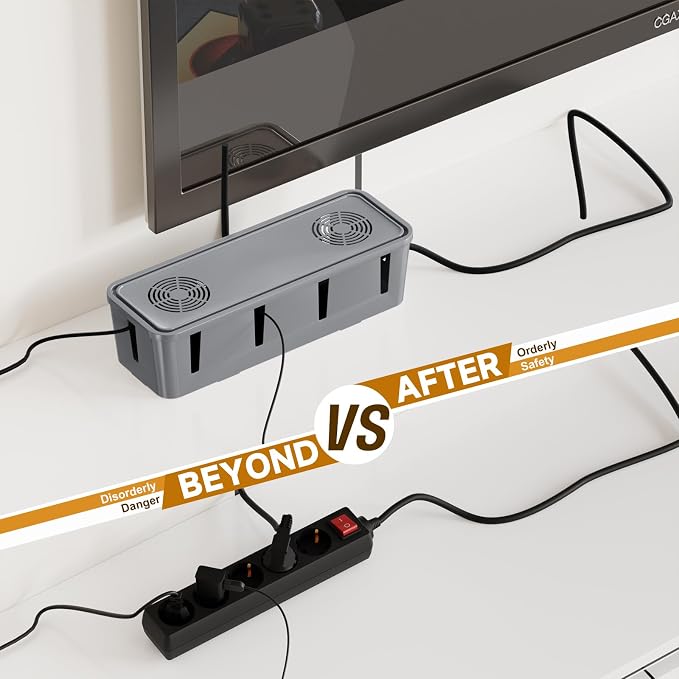 Cable Management Box, Cable Organizer Box and Power Strip Box, Power Strip Protector Box - Wire Box Hider for Desk - 10 Open Slots (Grey)