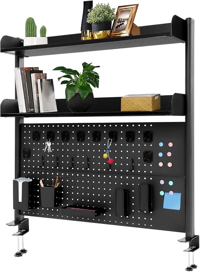 Clamp-On Pegboard Desk Organizer, 2-Tier Clamp On Desk Shelf with Hooks, Office Accessory Organizer for Books, Office Supplies & DIY Storage, 16.5lbs Capacity, 39.37" x 37.4", Black