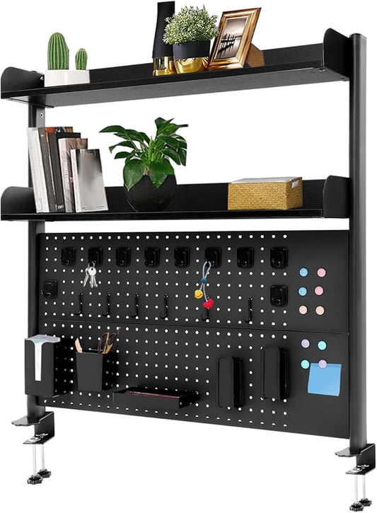 Clamp-On Pegboard Desk Organizer, 2-Tier Clamp On Desk Shelf with Hooks, Office Accessory Organizer for Books, Office Supplies & DIY Storage, 16.5lbs Capacity, 39.37" x 37.4", Black