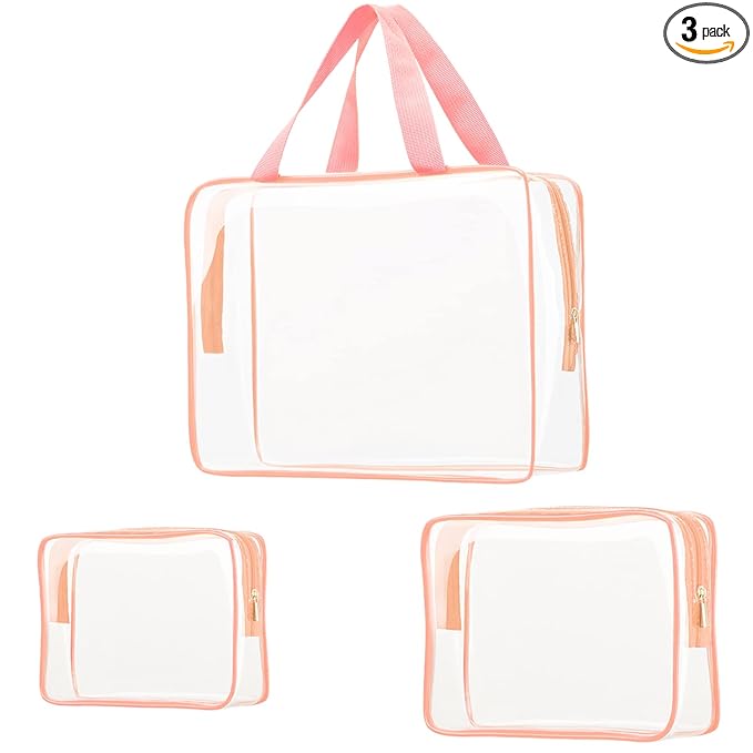 3Pcs Crystal Clear PVC Travel Toiletry Bag Kit for Women Men, Waterproof Vinyl Packing Organizer Storage Bags with Zipper Handle Straps, Cosmetic Pouch Carry on Airport Airline Compliant Bag Handbag