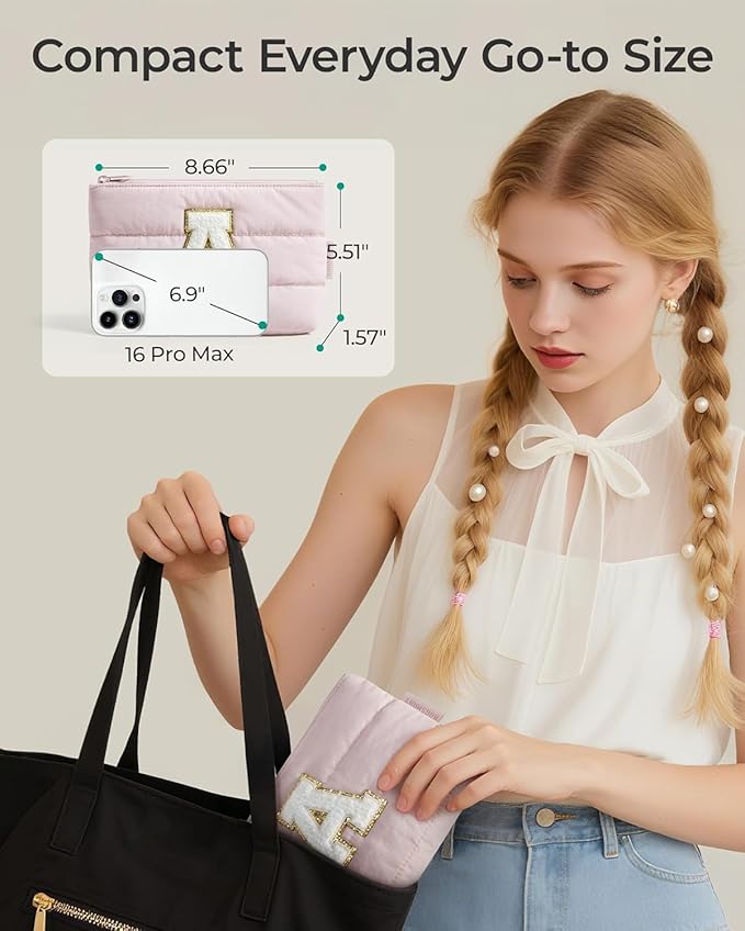 BAGSMART Personalized Makeup Bag with Initial, Pink Small Cosmetic Travel Organizer, Water-Resistant Pouch for Women & Teens for Bridesmaid Graduation (Initial-M, Small)