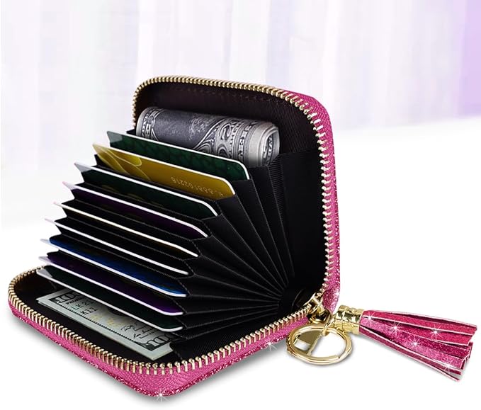 Coco Rossi Leather Credit Card Wallet for Women, RFID Blocking Zipper Cards Holder with Tassel, Rosy Glitter