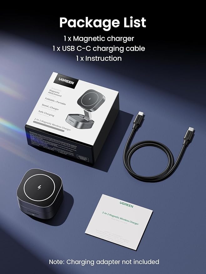 UGREEN MagFlow Magnetic Foldable Charging Station, 2-in-1 Fast Wireless Charger Compatible with iPhone 17 17 Air 17 Pro 17 Pro Max 16 15 14 13 12, Airpods3 2 Pro (No AC Adapter)