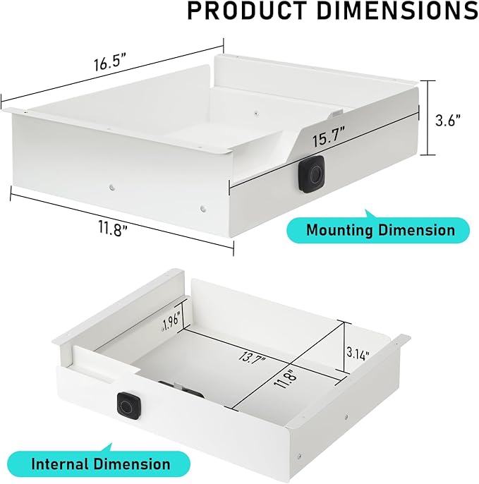 Metal Under Desk Drawer with Biometric Fingerprint Lock, Undermount Table Drawer, Slides out Tray Organizer for Paper, Pencil, and Laptop 16"x11.8"x3.6", White
