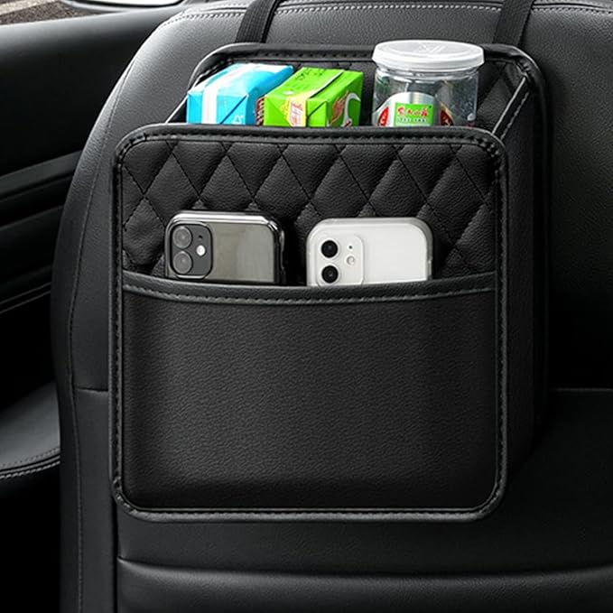 Car Back Seat Organizer, Hanging PU Leather Car Storage Bag, Compatible with Most Vehicles Interior Accessories Organizer (Black(1Pack))