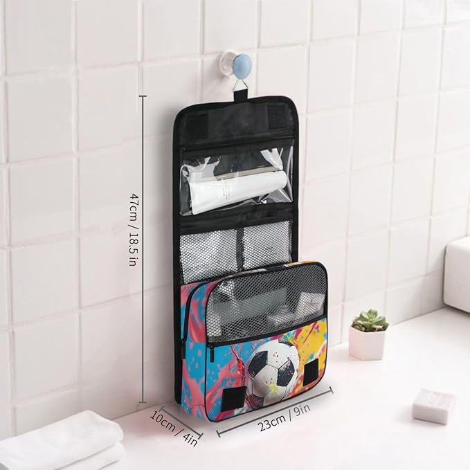 Hanging Travel Toiletry Bag Kit Boys Makeup Case Cosmetics Organizer for Men Women (Soccer Colorful)