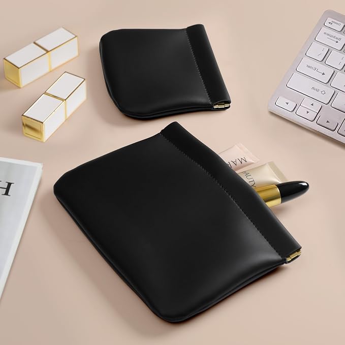 2 Pack Small Makeup Bag for Women, New Organosilicon Super Fiber PU Leather Mini Cosmetic Bag for Travel, Coin Purse Organizer Storage Pouch (No Phrase Printed, Black)
