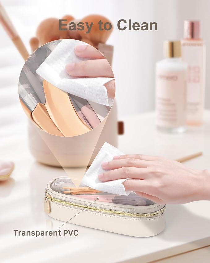 Soimeat Clear Travel Makeup Brush Holder, Leather Makeup Brush Toiletry Bag, Portable Cosmetic Brush Case, Transparent Waterproof Makeup Brush Storage Bag, White