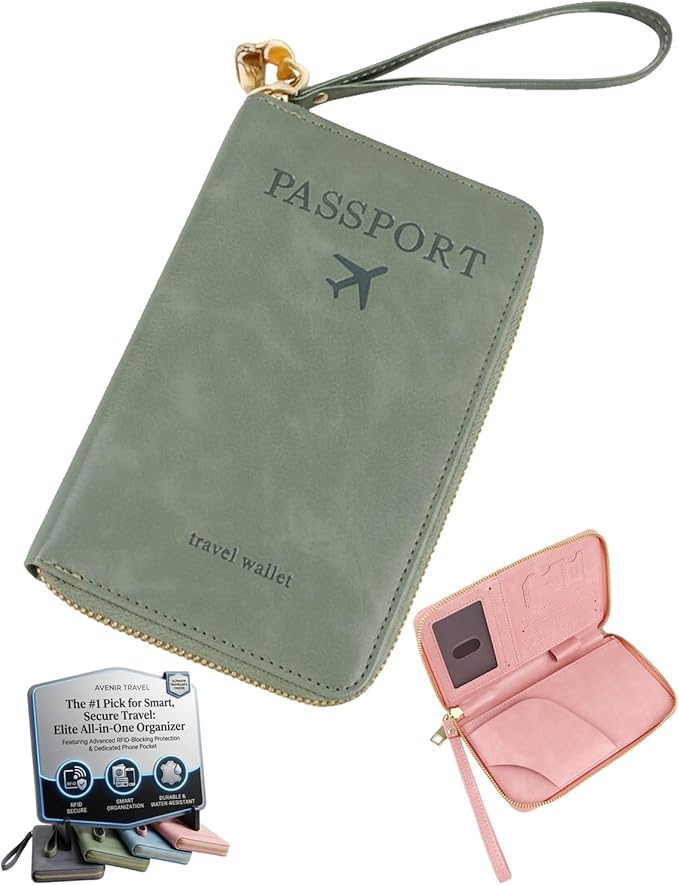 RFID Blocking Wallet for Women Men Cash Travel Passport Holder Family PU Leather Phone Document Organizer Case Cover Pouch with Lanyard Zipper Boarding Pass Id Card Pocket(Green)