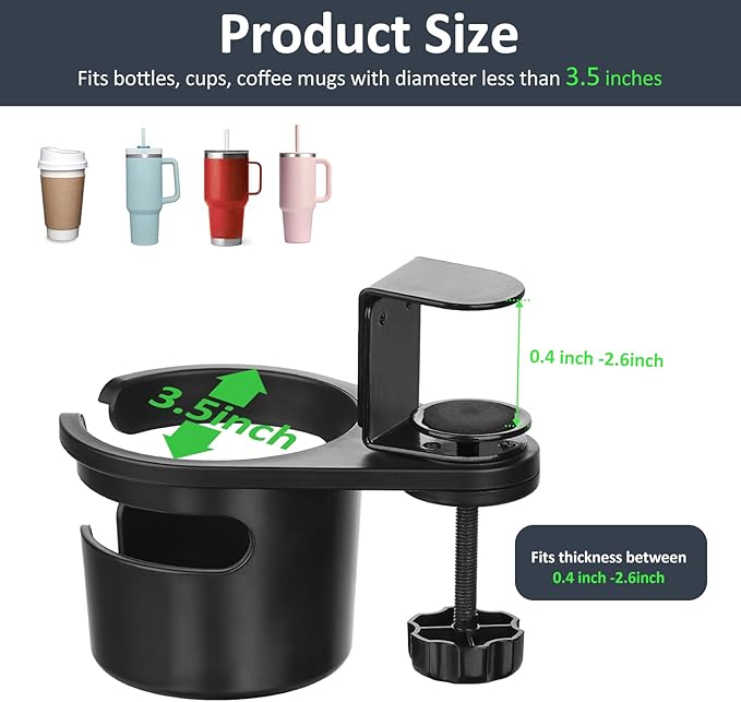 MYITYARD Desk Cup Holder Clamp, Anti-Spill Clip On Table Cup Holder, Rotatable Water Bottle Stand Drink Coffee Mug Storage, Office Accessories for Home and School (Black)