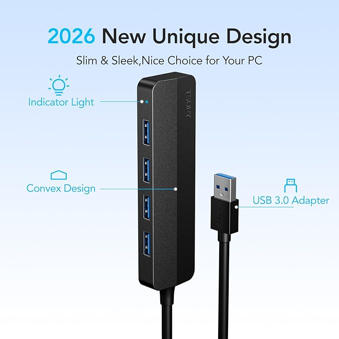 USB 3.0 Hub, TSUPY 4 USB Port Hub USB 3.0 Splitter Ultra Slim Multiport Extender for Laptop, Desktop, Computer PC, Flash Drive, HDD, Camera,Keyborad, Mouse