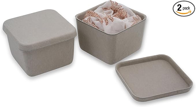 Welaxy 2-piece cubic lidded felt drawer organizer bin desktop stackable storage container with lid decluttering home office for jewelry watch clips binder office supplies (Stone)