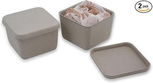 Welaxy 2-piece cubic lidded felt drawer organizer bin desktop stackable storage container with lid decluttering home office for jewelry watch clips binder office supplies (Stone)