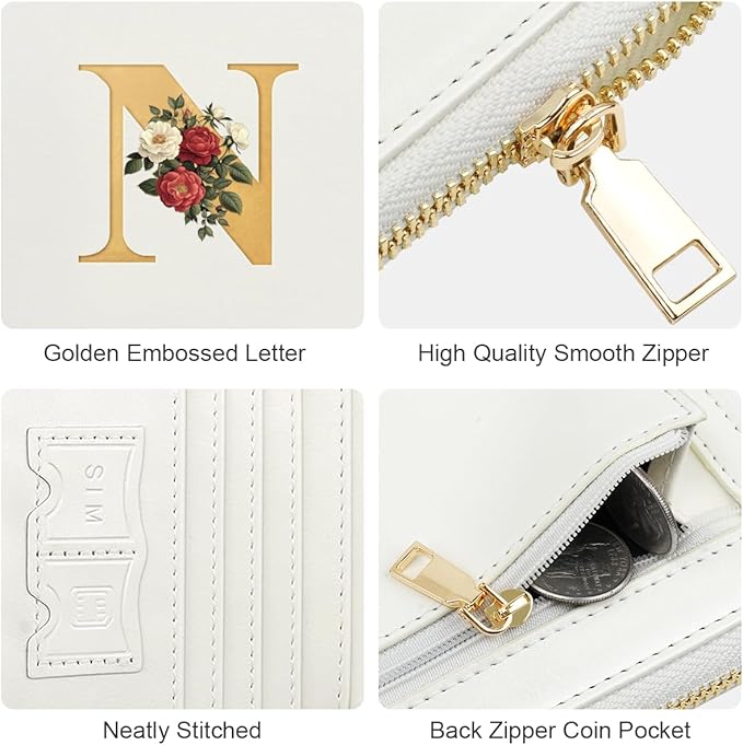 Passport Holder for Travel Personalized Passport Holder Initial Letter Rose Flower RFID Blocking Travel Wallets Credit Cards Holder for Women Men, White N